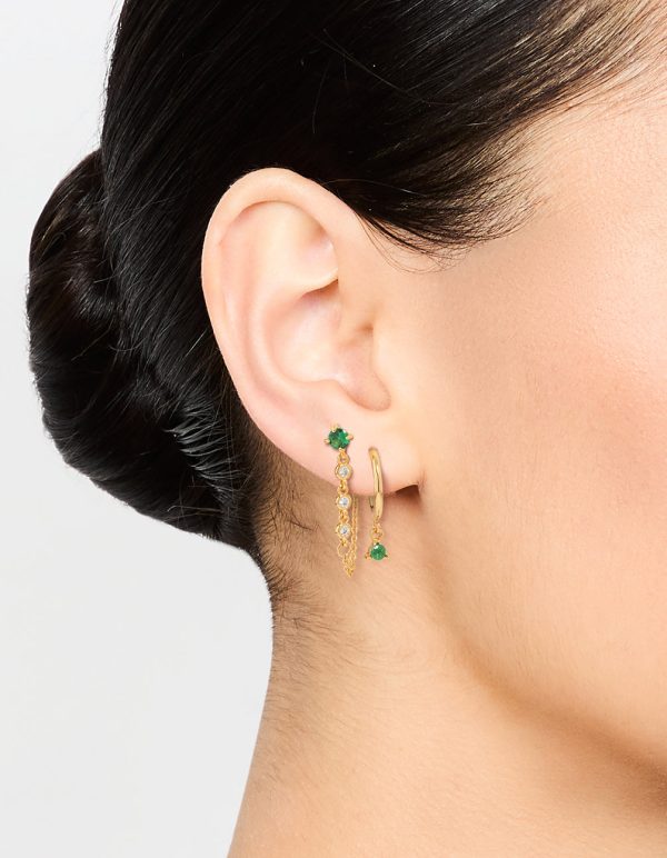 Gold Plated Green Cubic Zirconia Stud & Chain Huggie Earrings 2-Pack Online Sale - Image 2