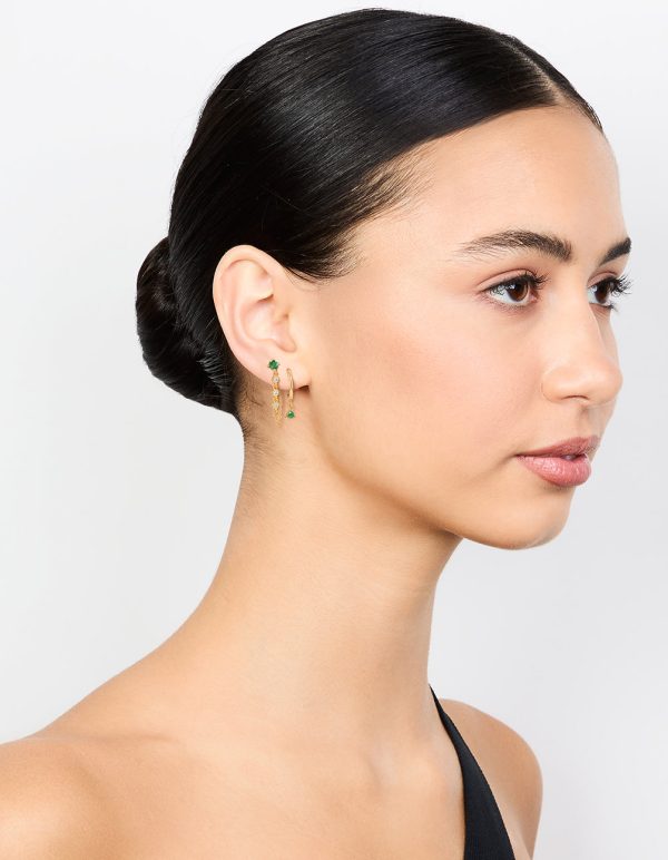 Gold Plated Green Cubic Zirconia Stud & Chain Huggie Earrings 2-Pack Online Sale - Image 3