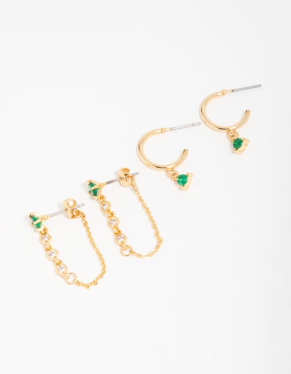 Gold Plated Green Cubic Zirconia Stud & Chain Huggie Earrings 2-Pack Online Sale