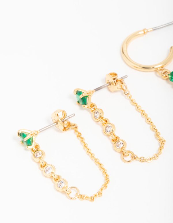 Gold Plated Green Cubic Zirconia Stud & Chain Huggie Earrings 2-Pack Online Sale - Image 4